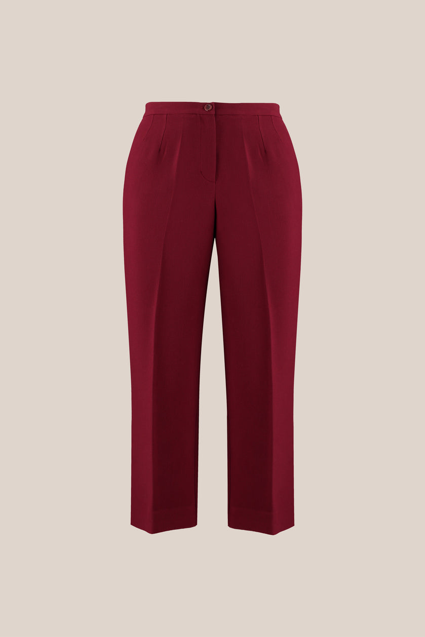 Plus size Burgundy Full-Length High-Waist Trousers with Straight Leg Cut