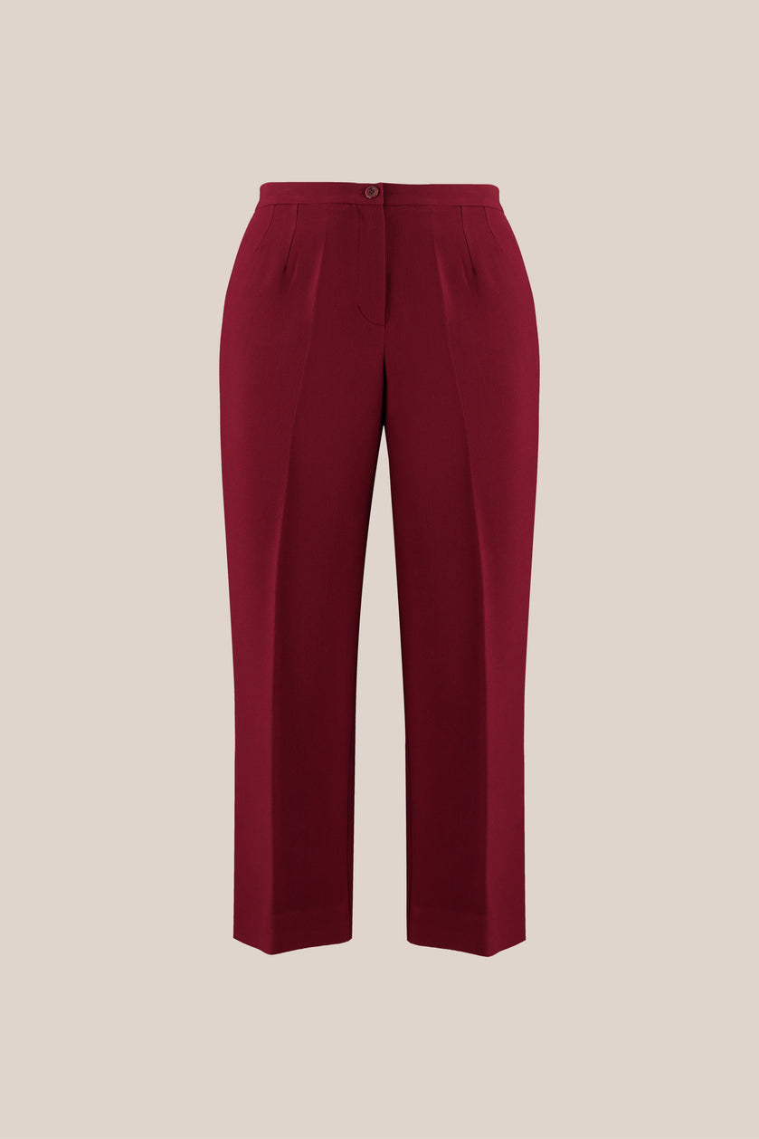 Plus size Burgundy Full-Length High-Waist Trousers with Straight Leg Cut