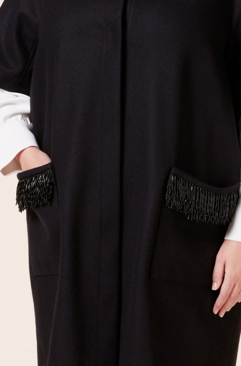 THE-HOUR-Black- fringed- plus-size coat