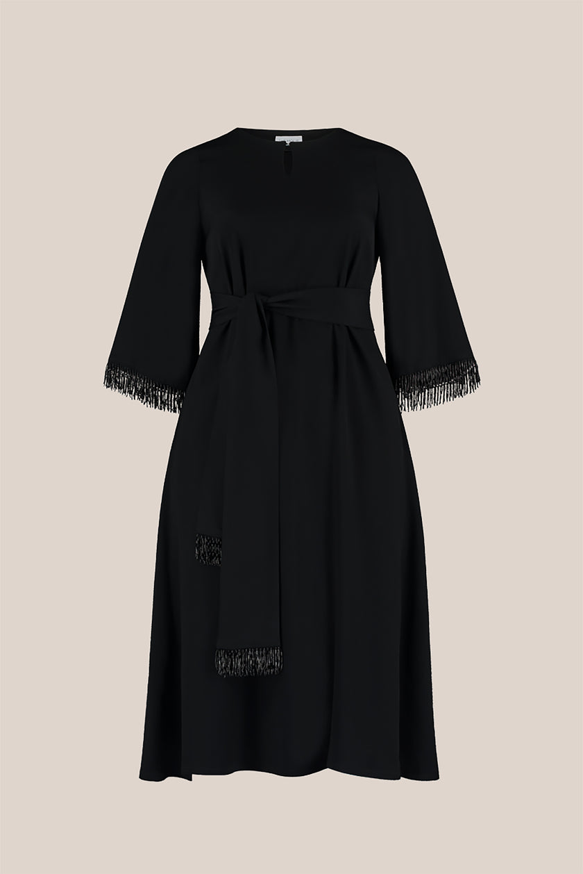 Black Embellished Plus-size Dress with belt