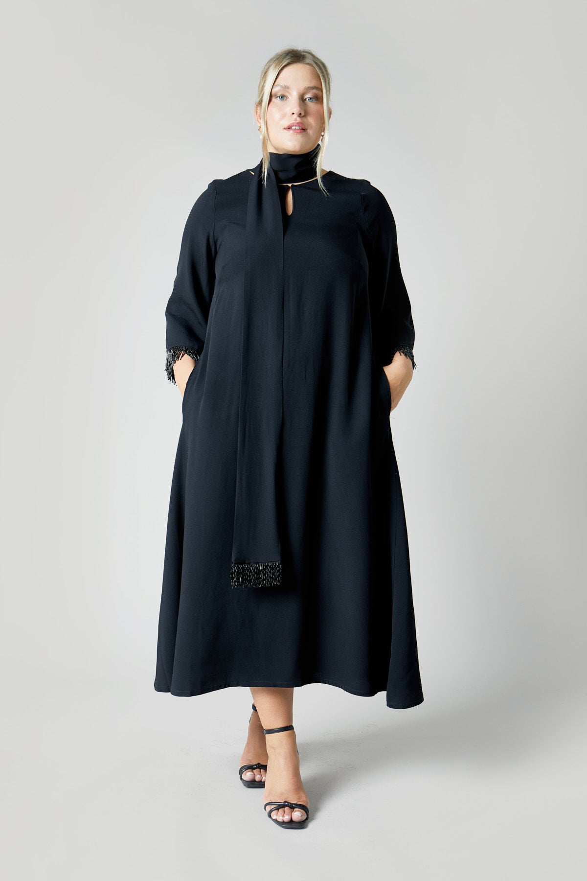 A-line black plus size maxi dress with beaded tie