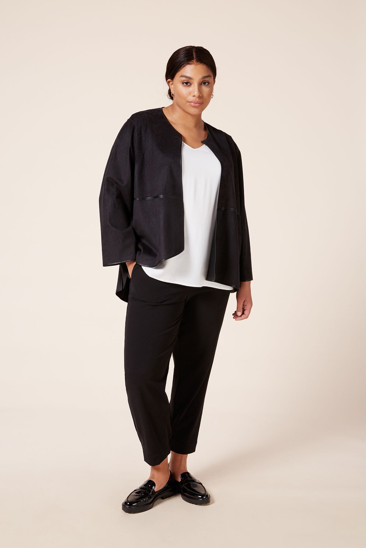 Plus-size reversible leather jacket outfit THE HOUR