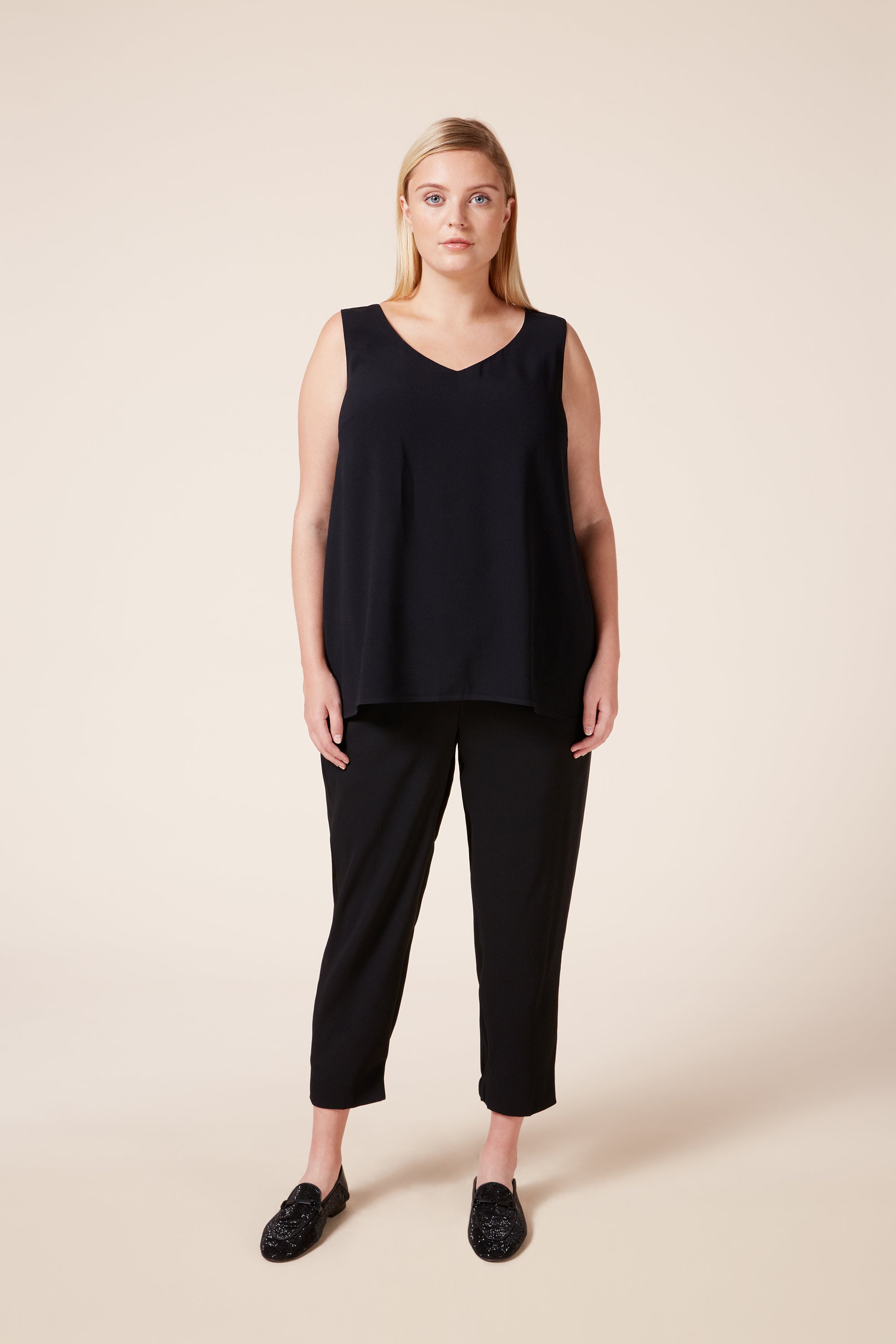 Plus size designer V neck black shell top