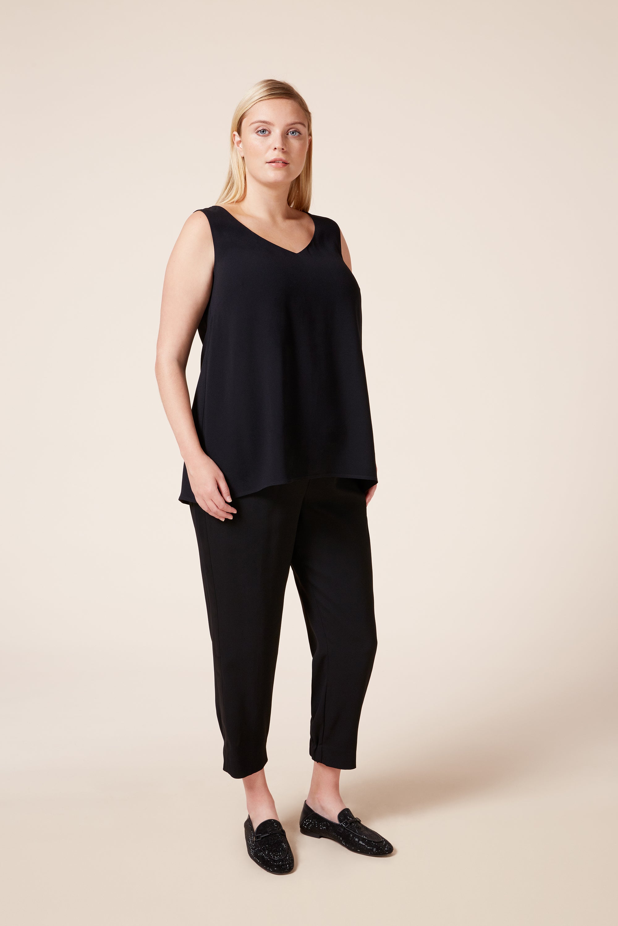Plus size designer V neck black shell top