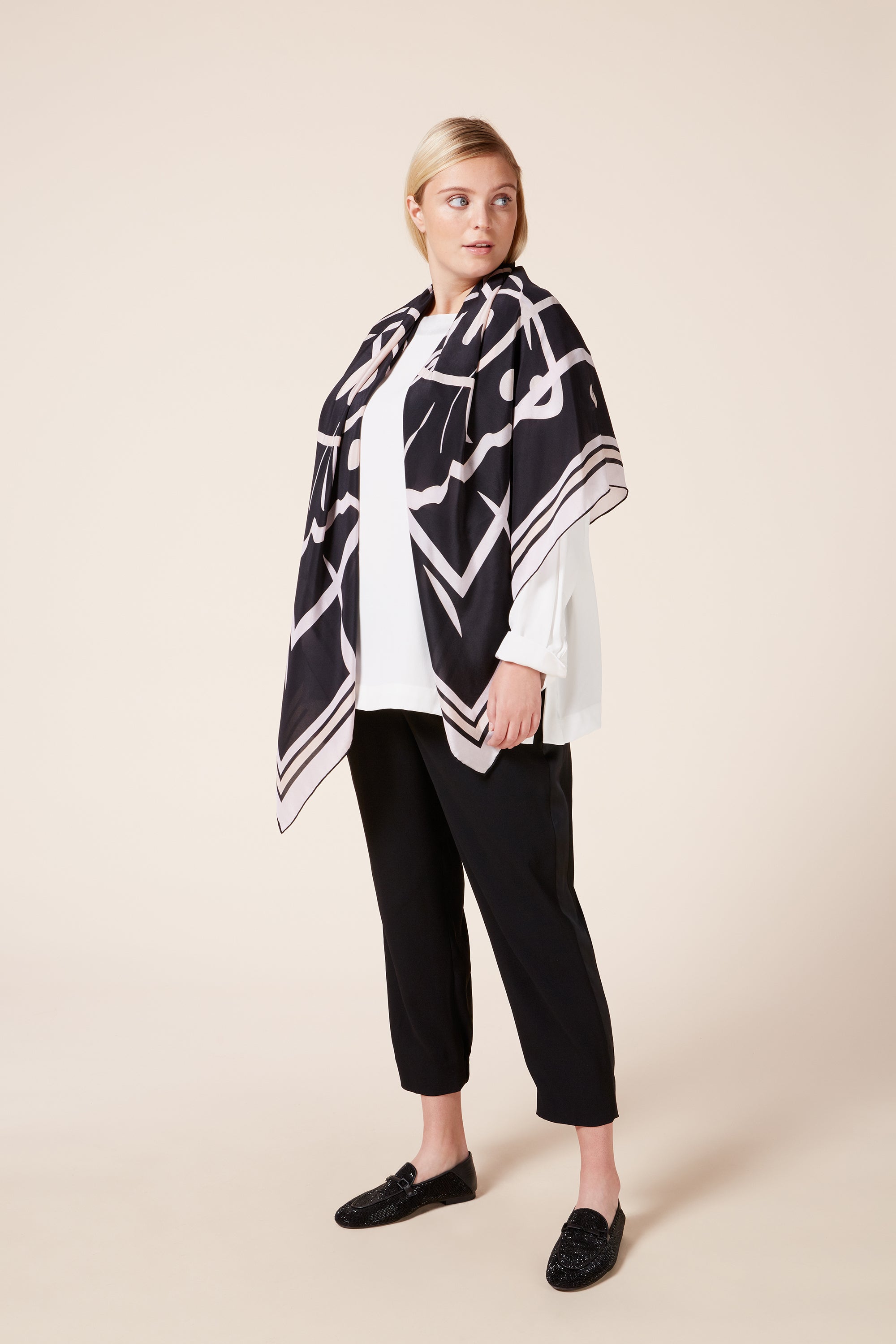 Silk print large square scarf in black and blush pink
