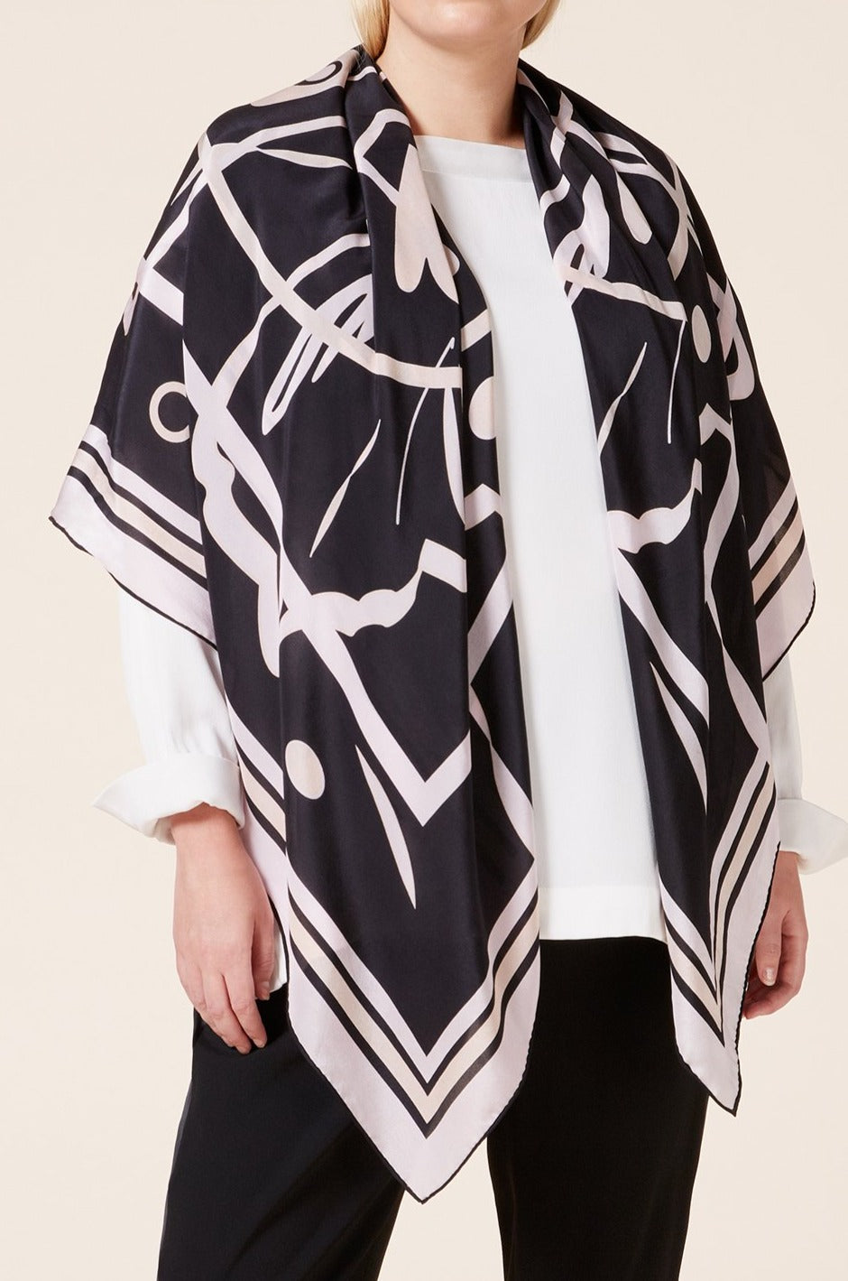 Silk print large square scarf in black and blush pink
