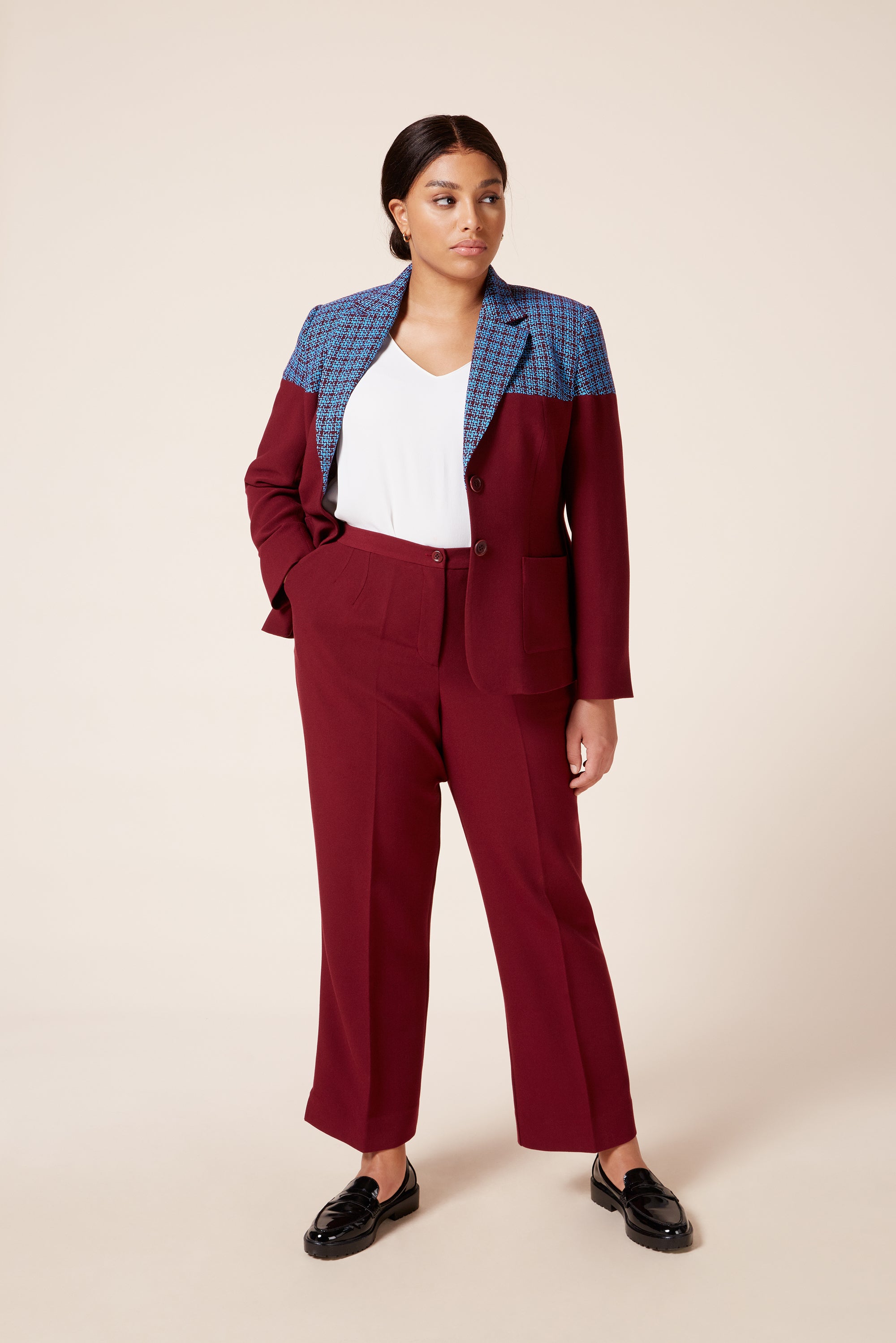 Plus size Burgundy Full-Length High-Waist Trousers with Straight Leg Cut