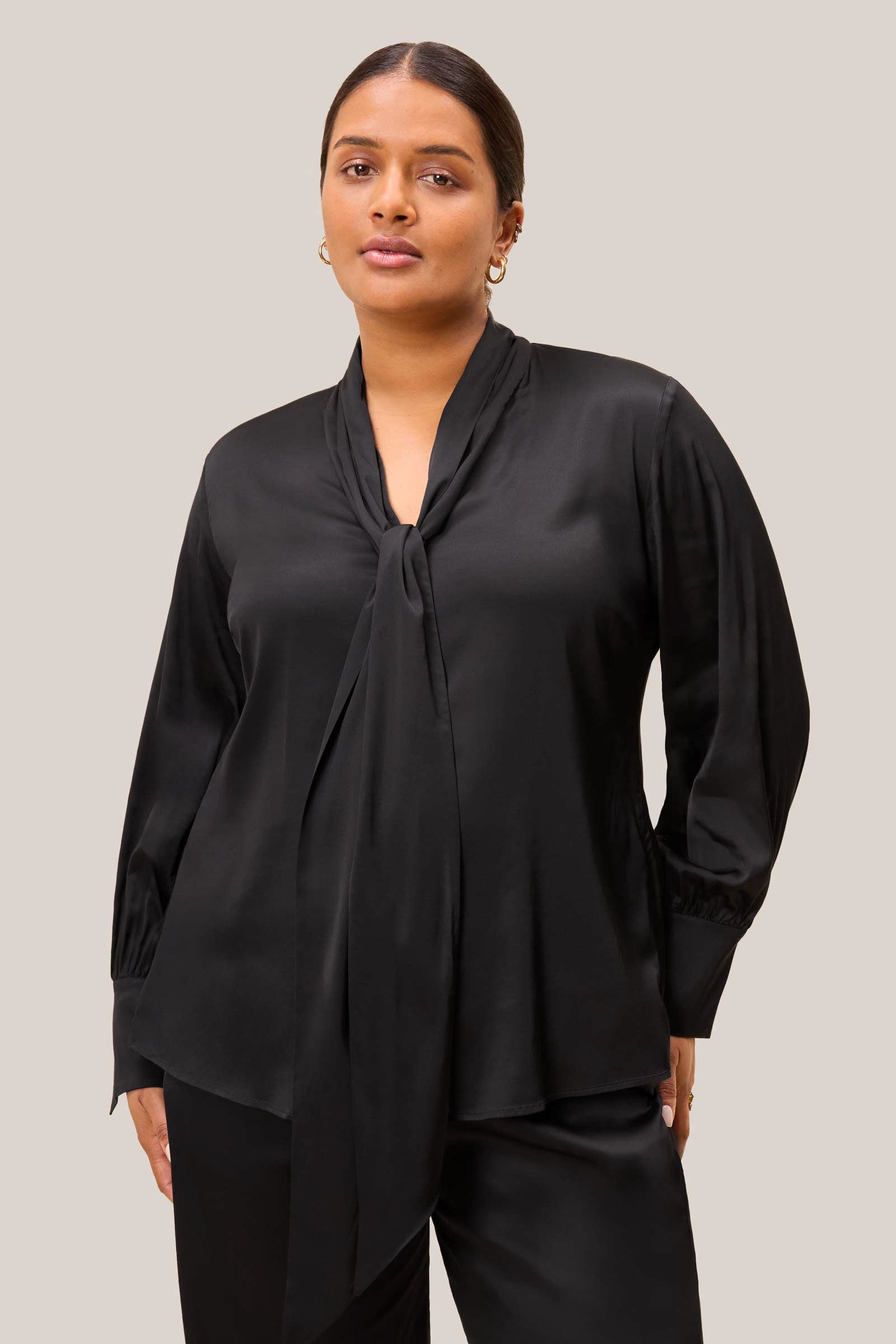 Plus Size Scarf-Detail Black Satin Blouse with Gold Cuffs | THE