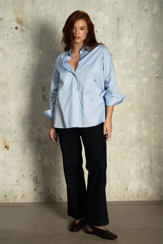 The Blue Cotton Sateen Shirt with Gold Detail
