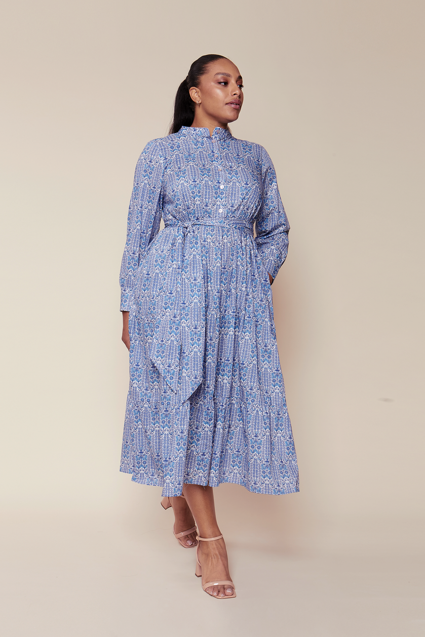 BLUE GARDEN PRINT COTTON TIERED MAXI PLUS SIZE SUMMER DRESS  MADE WITH LIBERTY FABRIC BYTHE HOUR