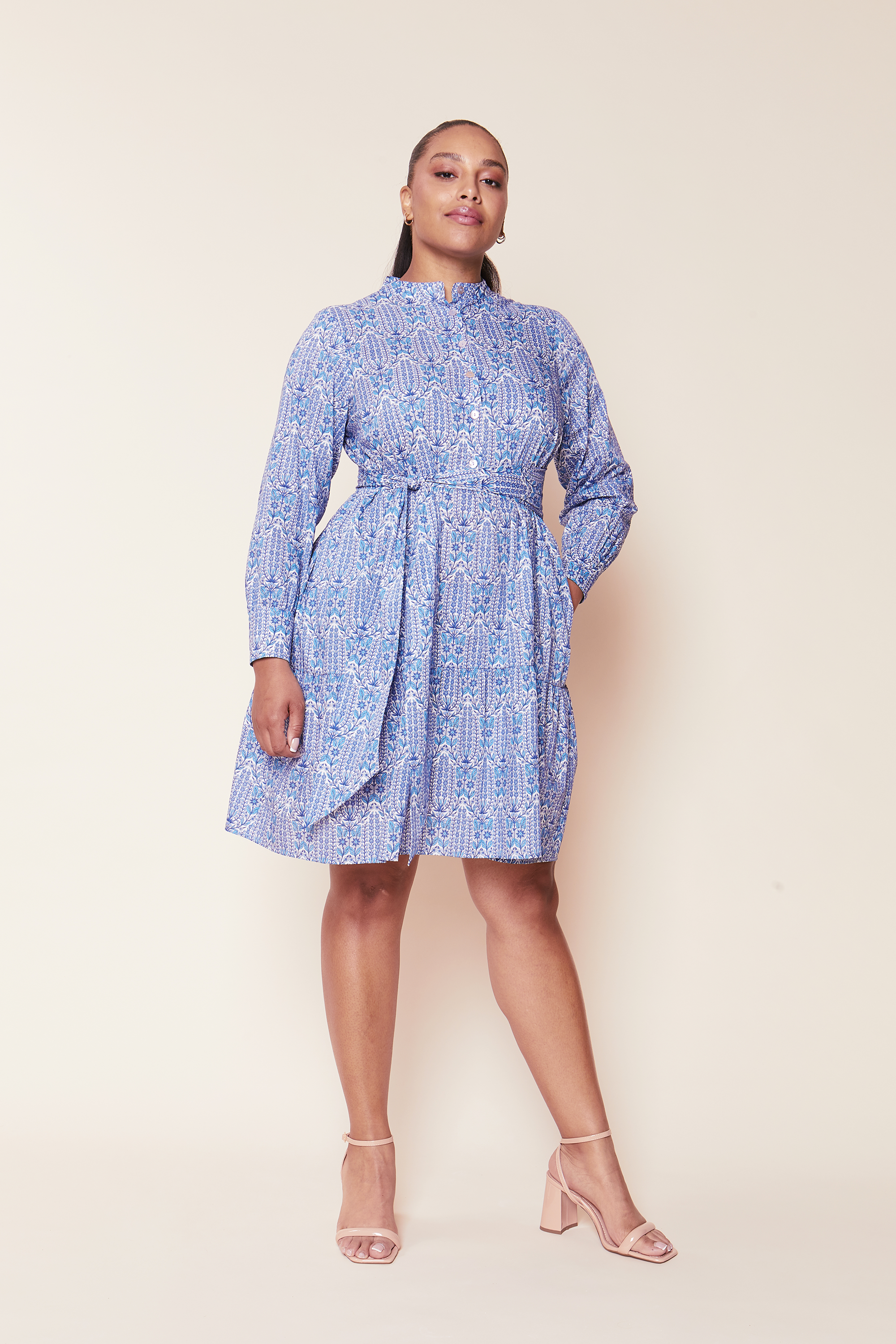 Blue Print Cotton Tiered Midi Dress Plus-size by THE HOUR made with Liberty Fabric details
