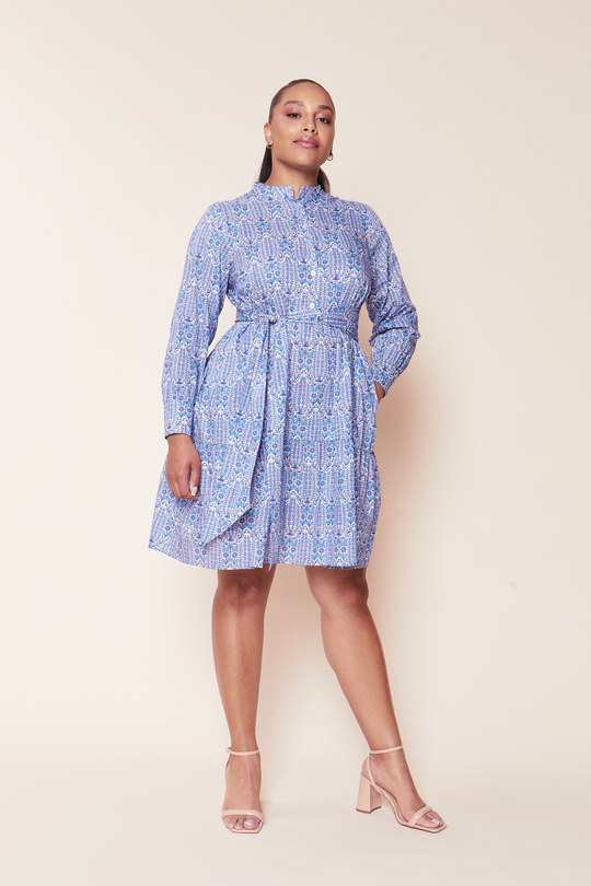 Blue Garden Print Cotton Tiered Midi Dress