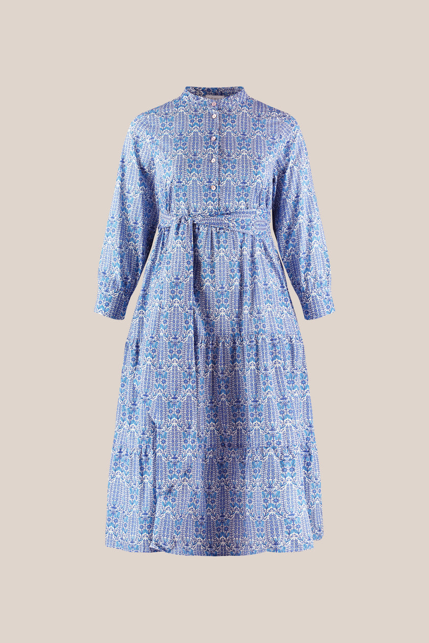 Blue Garden Print Cotton Tiered Maxi Dress