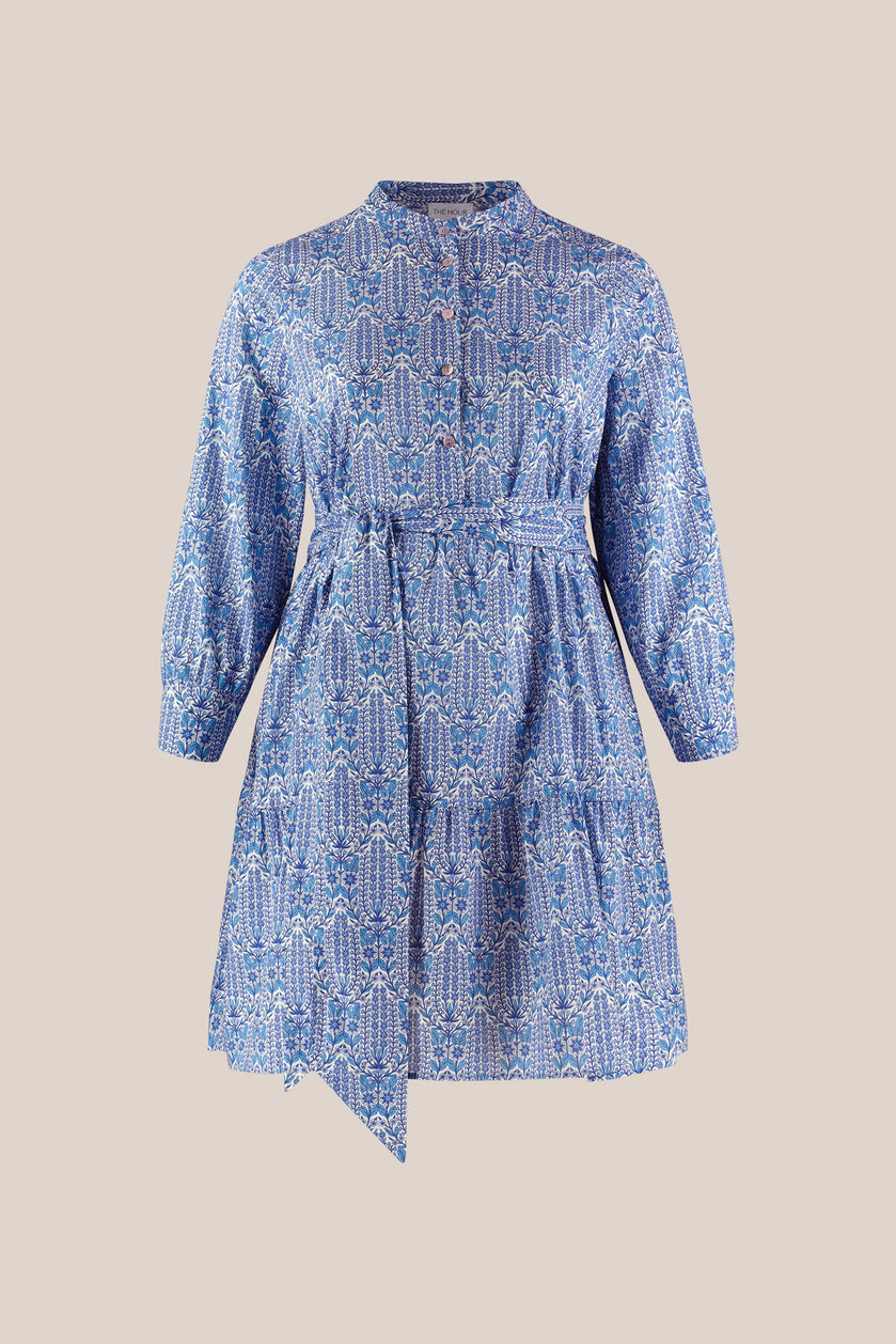 Blue Garden Print Cotton Tiered Midi Dress