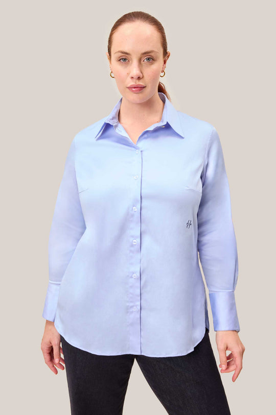 The Blue Cotton Sateen Shirt with Gold Detail