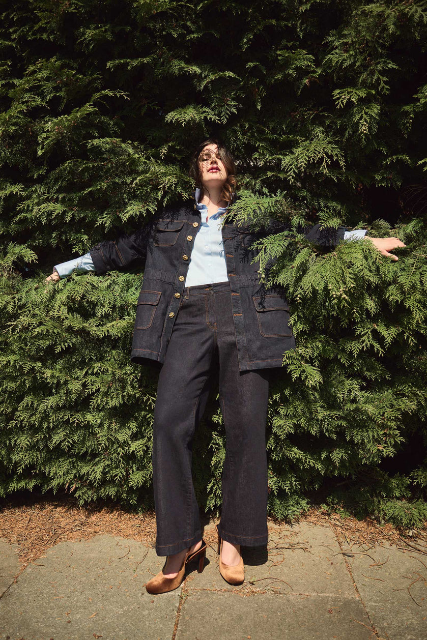 Denim Jacket in Deep Indigo with Gold Buttons