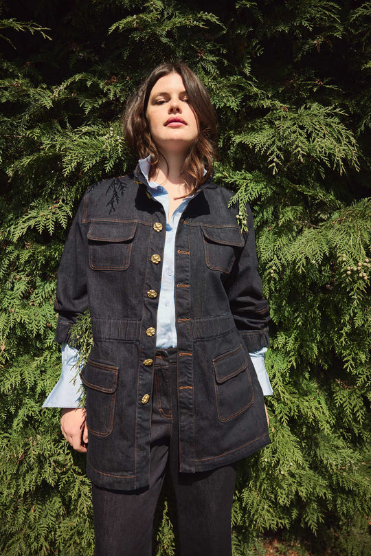 Denim Jacket in Deep Indigo with Gold Buttons