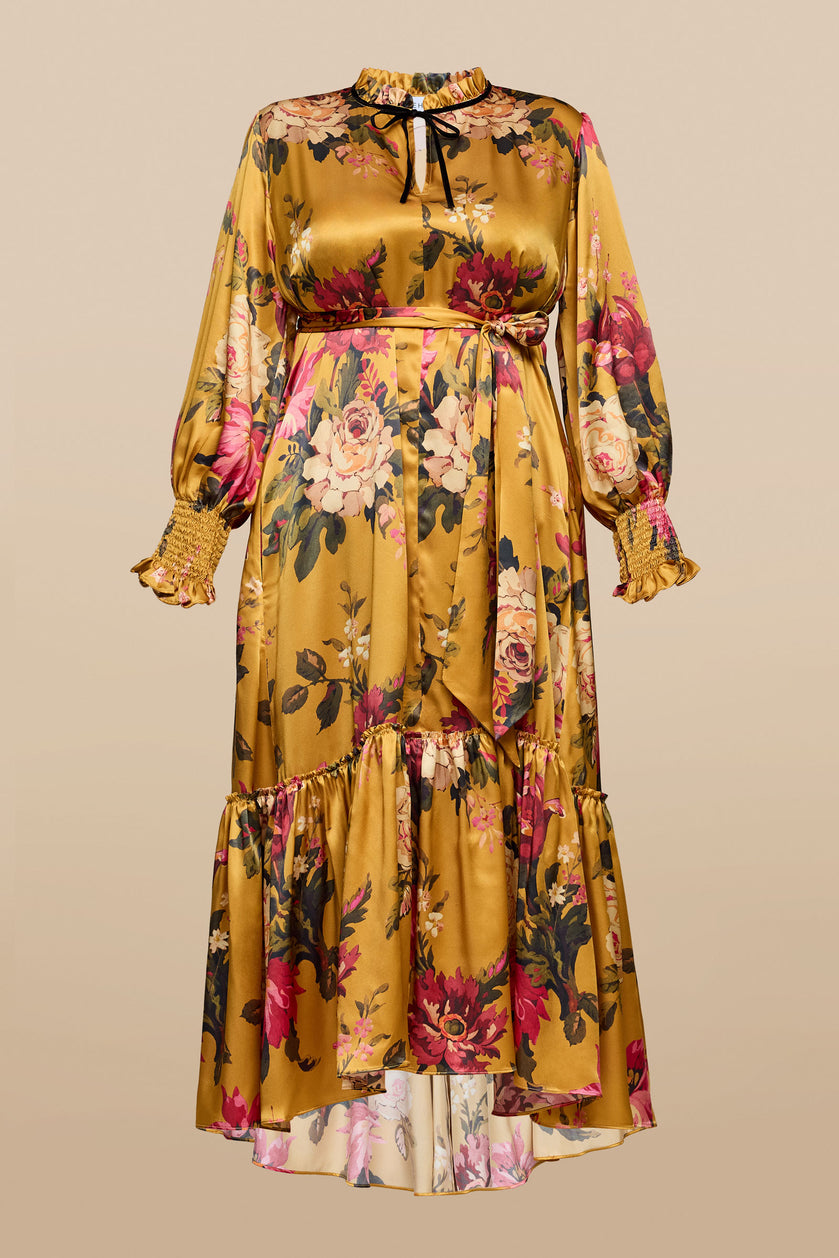 Kristina Gold Silk Midi Dress on mannequin