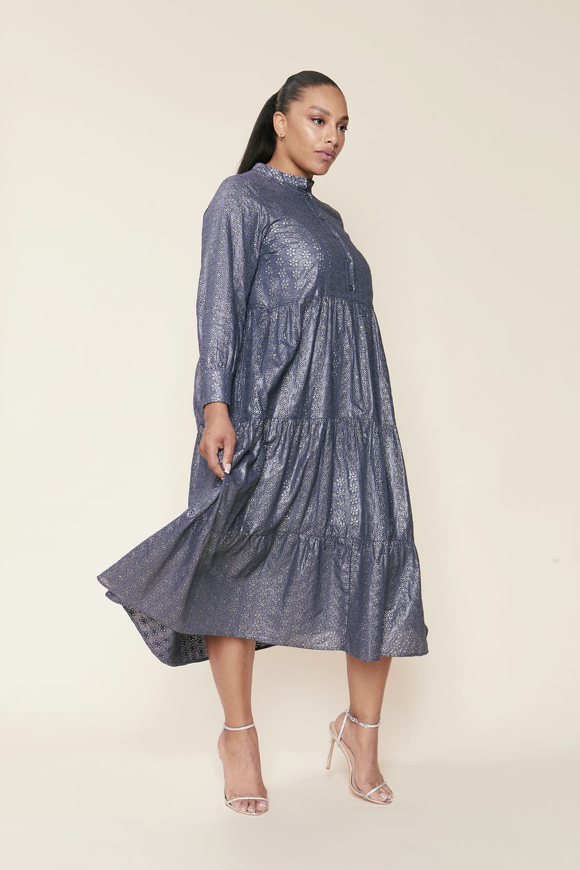 Metallic Tiered Broderie Anglaise Dress MAXI, Plus-size. THDE HOUR