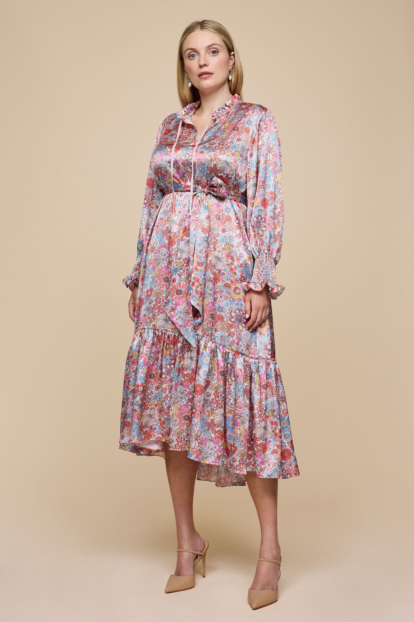 Rainbow Garden Pink Midi Dress  front THE HOUR X LIBERTY 