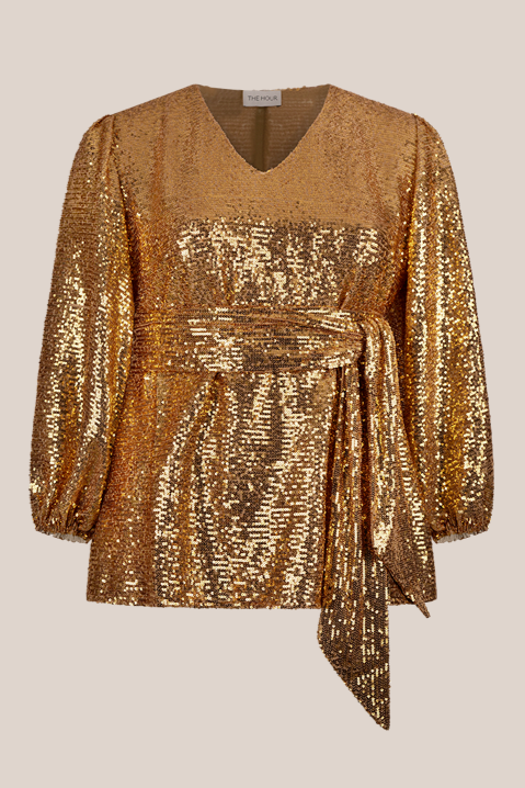 Flattering plus-size gold sequined blouse with sparkling details and romantic blouson sleeves THE HOUR