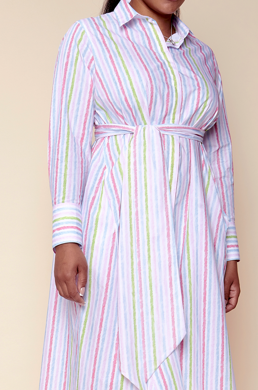 Striped Cotton Poplin Shirt Dress in Pink belted Plus size THE HOUR