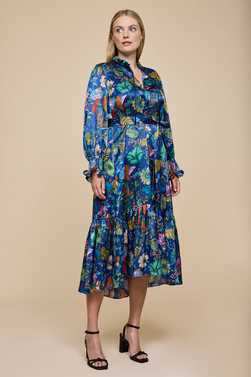 THE HOUR Blue Fantasy Land dress plus-size made with Liberty Fabrics Front belted