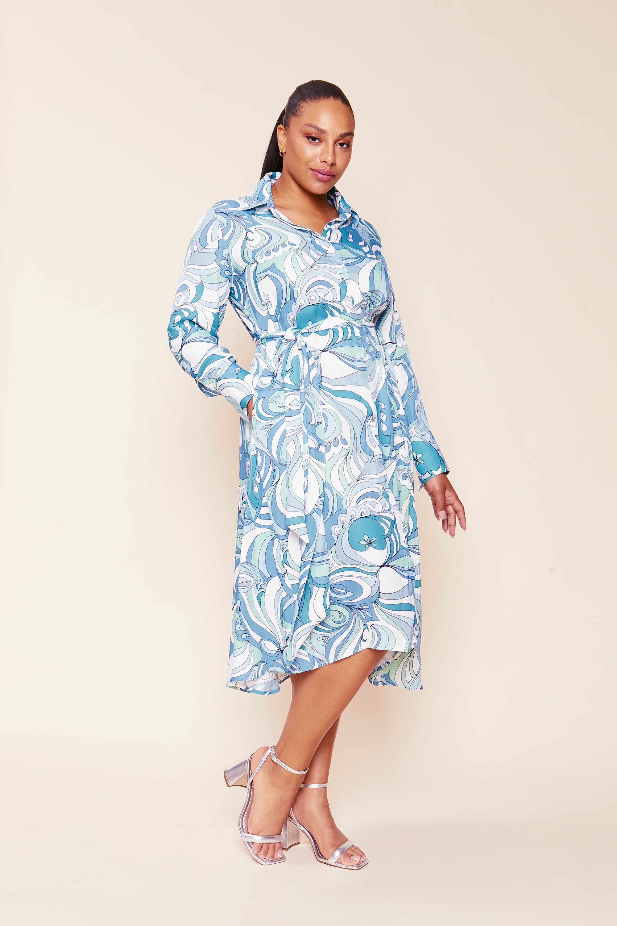Vibrant Print Plus-size Shirt Dress satin viscose with a swirling print in an aqua colour pallet. THE HOUR