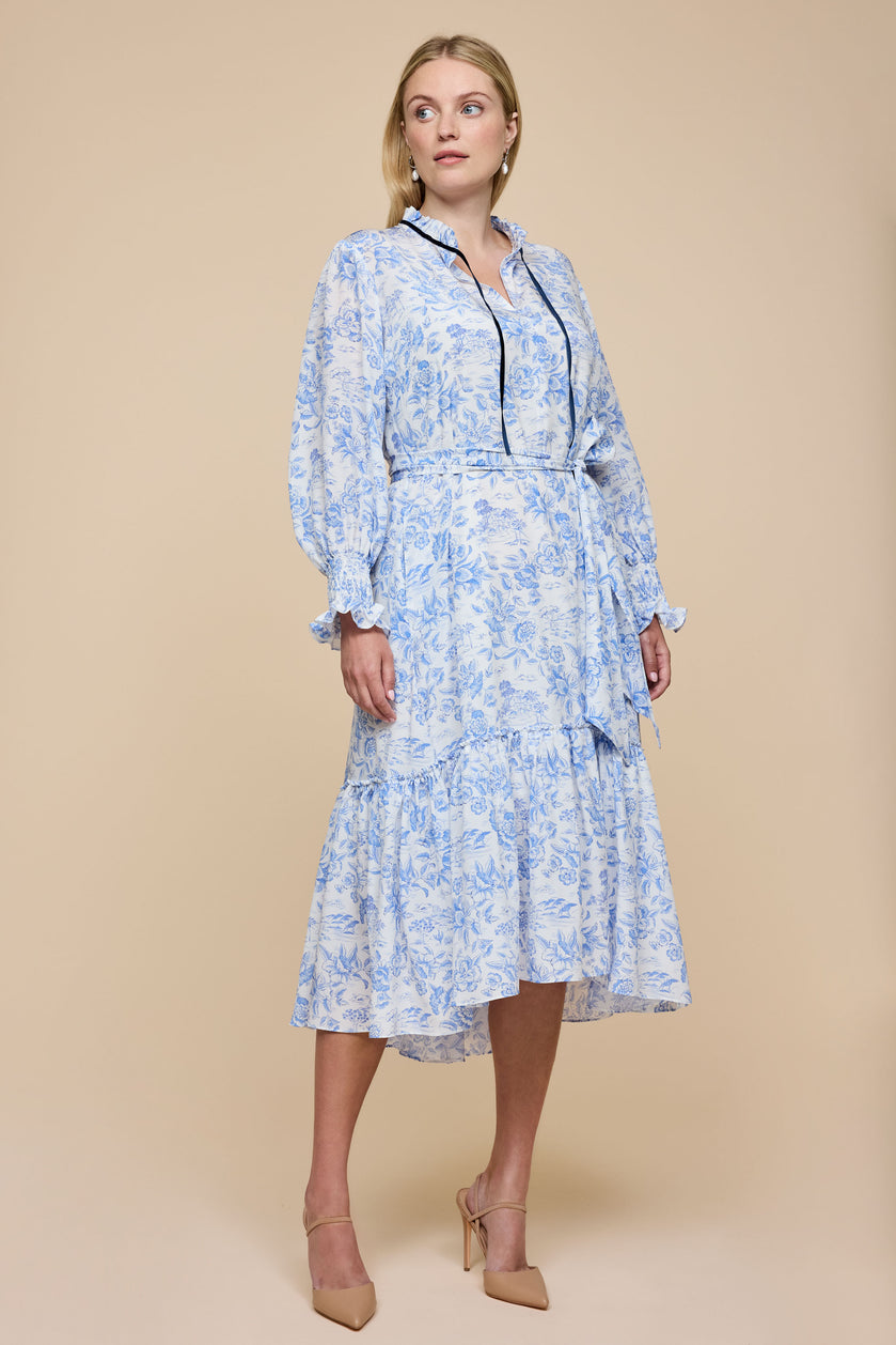 White and Blue Liberty Silk Midi  PLUS-SIZE THE HOUR Dress