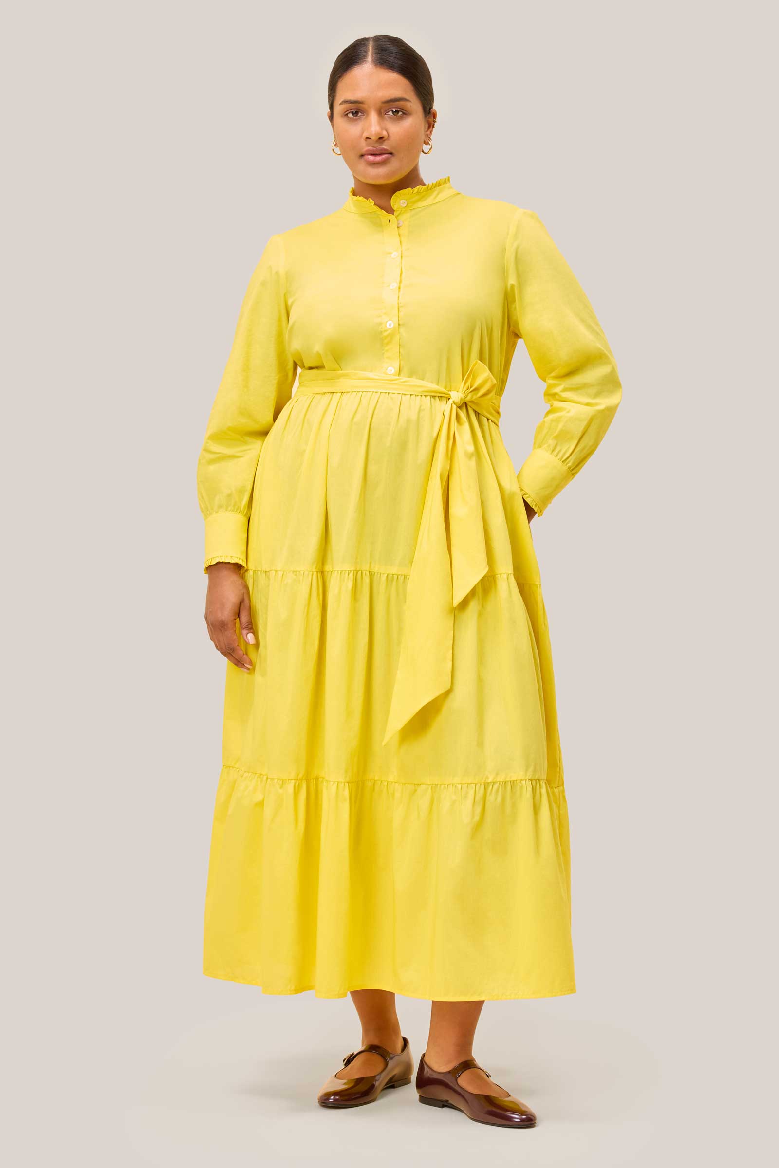 Full-length front view of solid sunshine yellow maxi dress Plus size THE HOUR