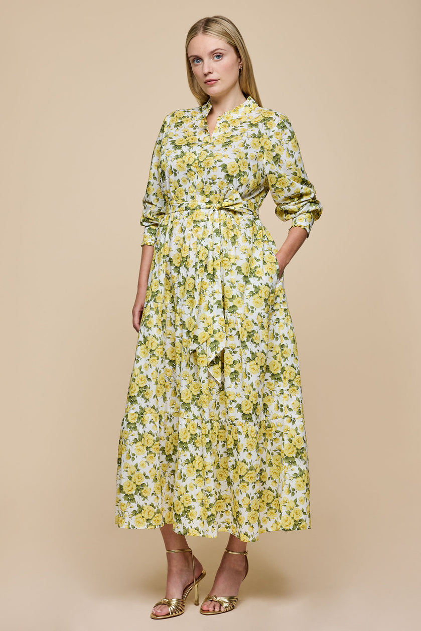 Plus size Tiered Maxi Dress Yellow Roses Print THE HOUR