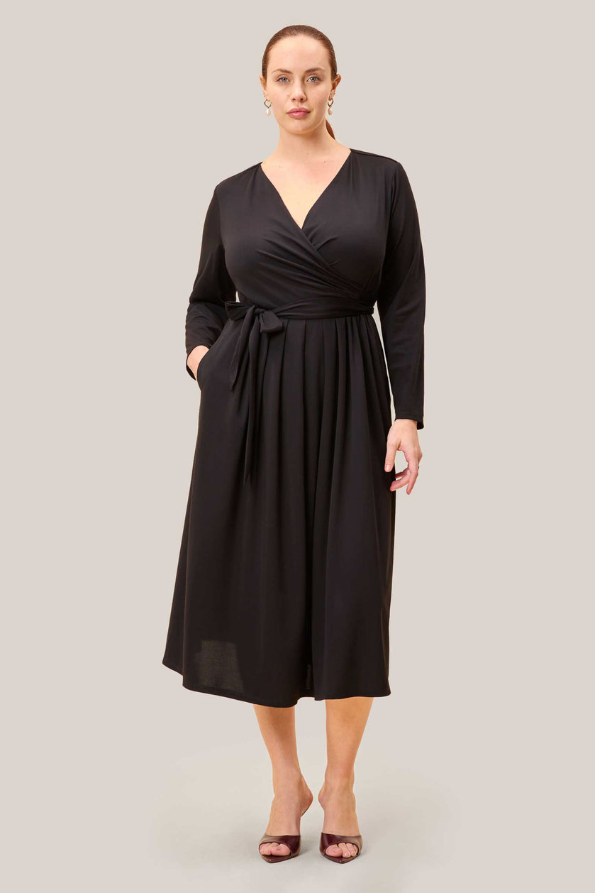 Plus size black faux wrap jersey midi dress with tie belt – The Hour