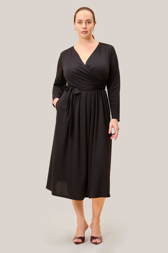 Black Faux Wrap Jersey Midi Dress
