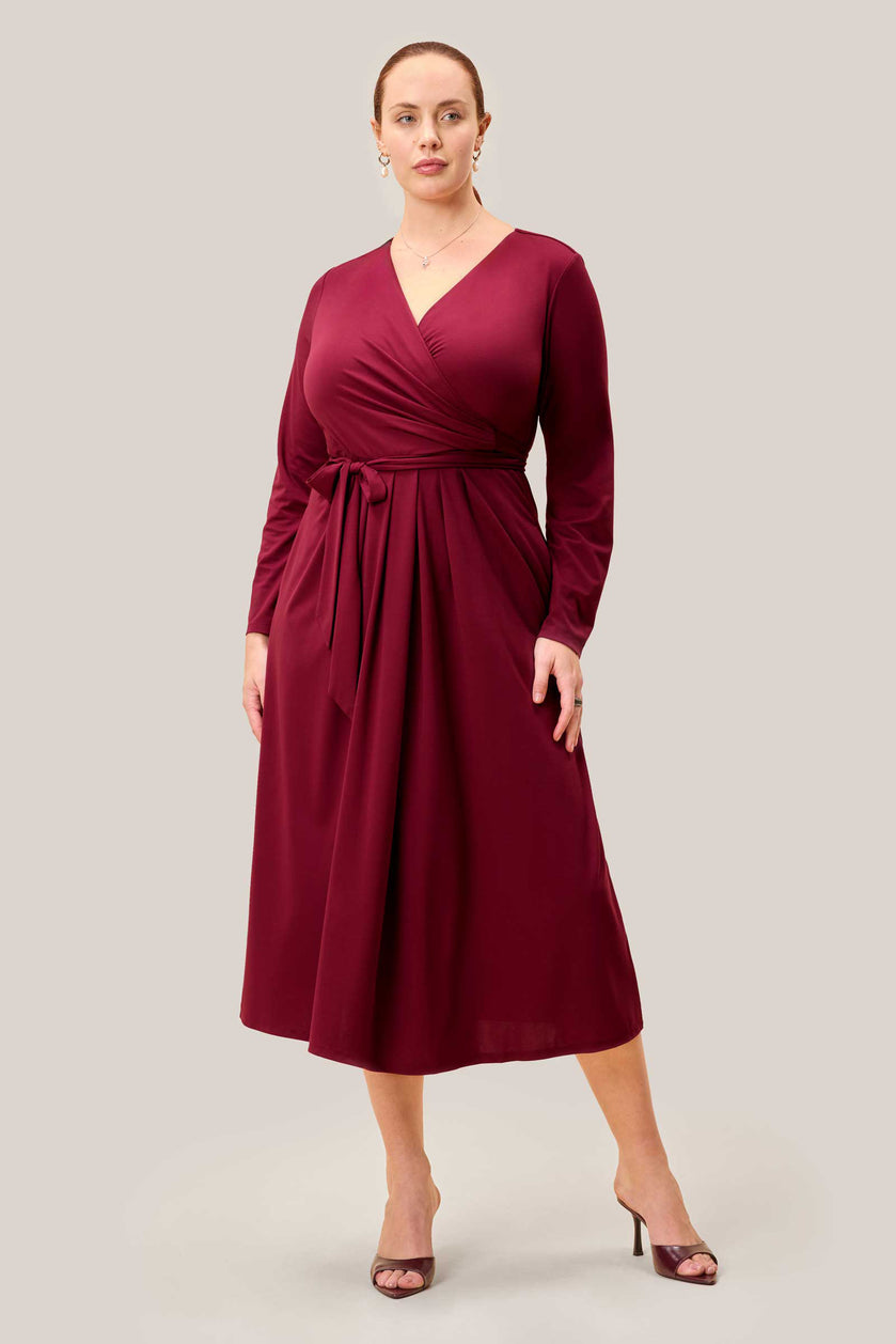 Curve flattering V-neck faux wrap burgundy midi dress – The Hour
