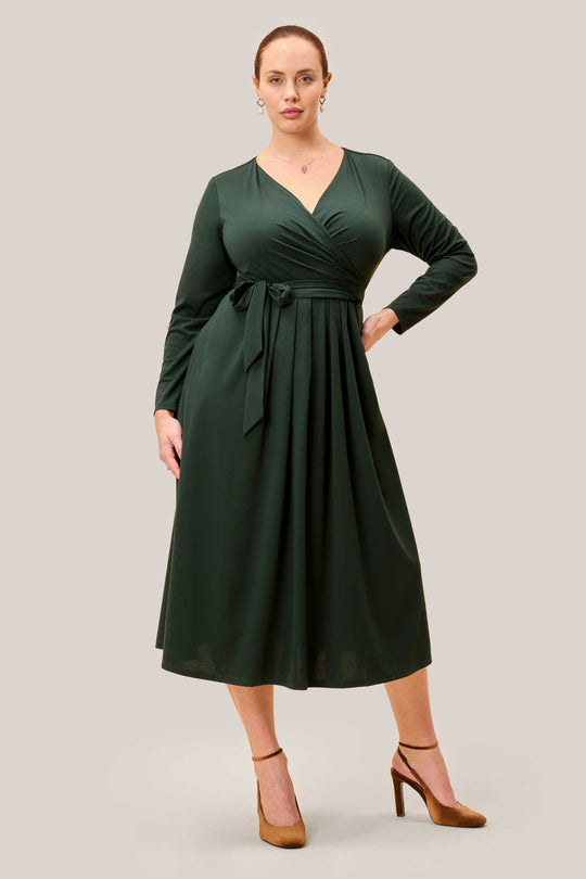Olive Green Faux Wrap Jersey Midi Dress