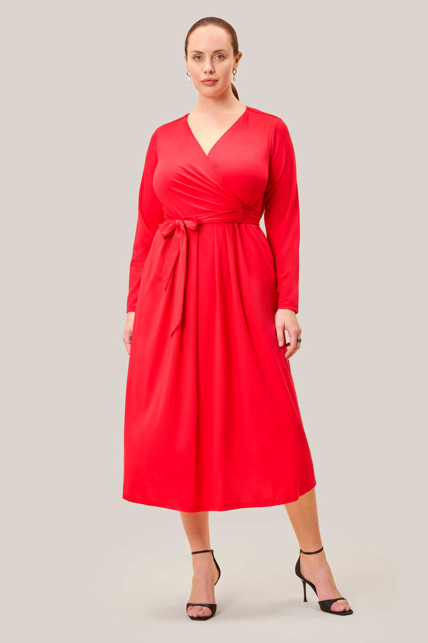 Plus size red faux wrap jersey midi dress with tie belt – The Hour