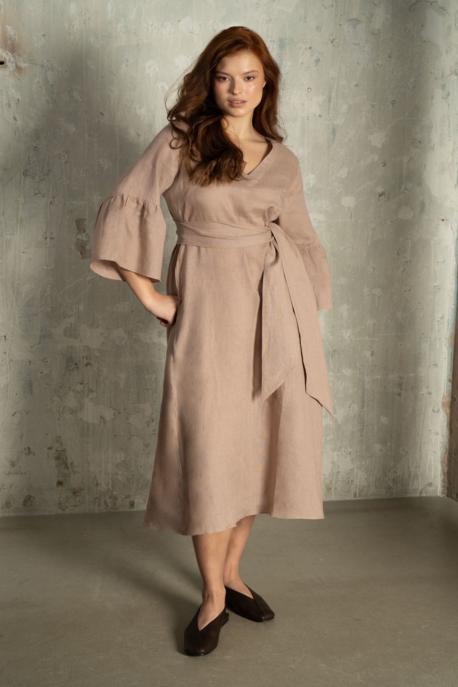 beige linen dress with sleeves Beige Minimalist Summer Linen Dress With Long Sleeves, Midi Shift Dress With Gather Tie Detail, Short Relaxed Dress for Women, Sizes XS-4XL