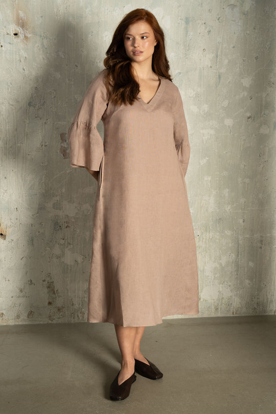 Latte Beige Linen V-Neck Midi Dress