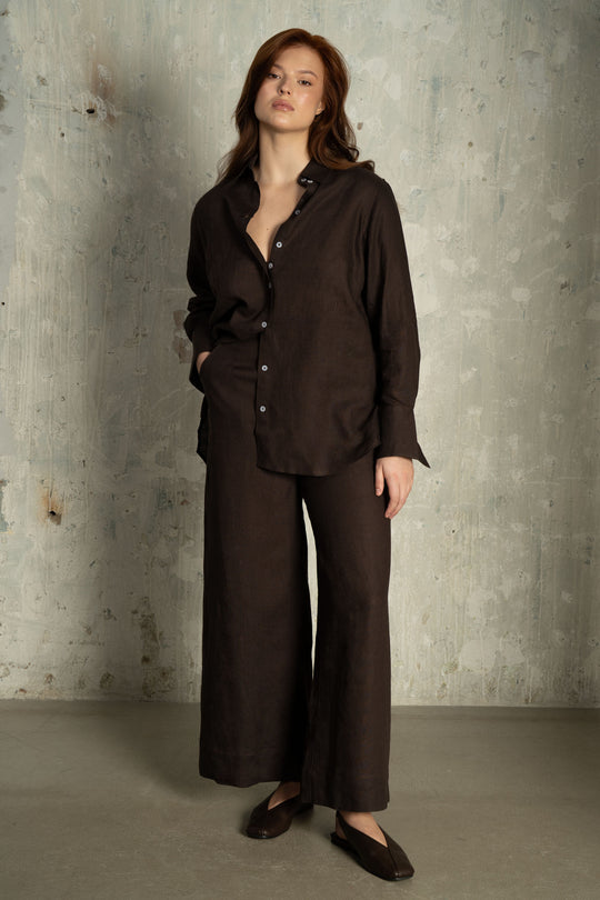 Chocolate Brown Linen Wide-Leg Trousers
