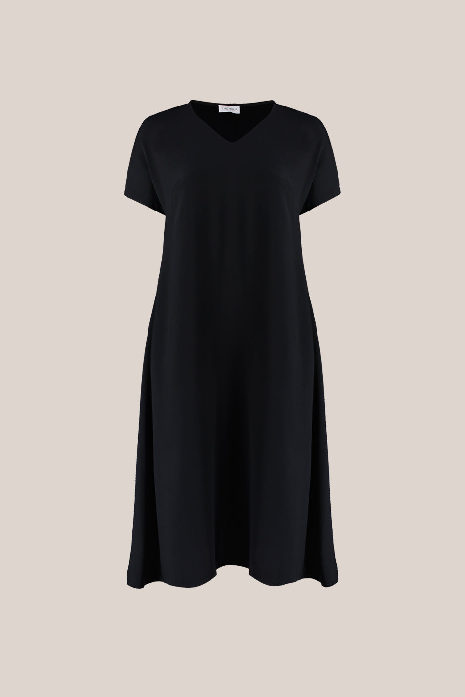 Designer Plus size short sleeve crepe satin midi black dress with pockets
