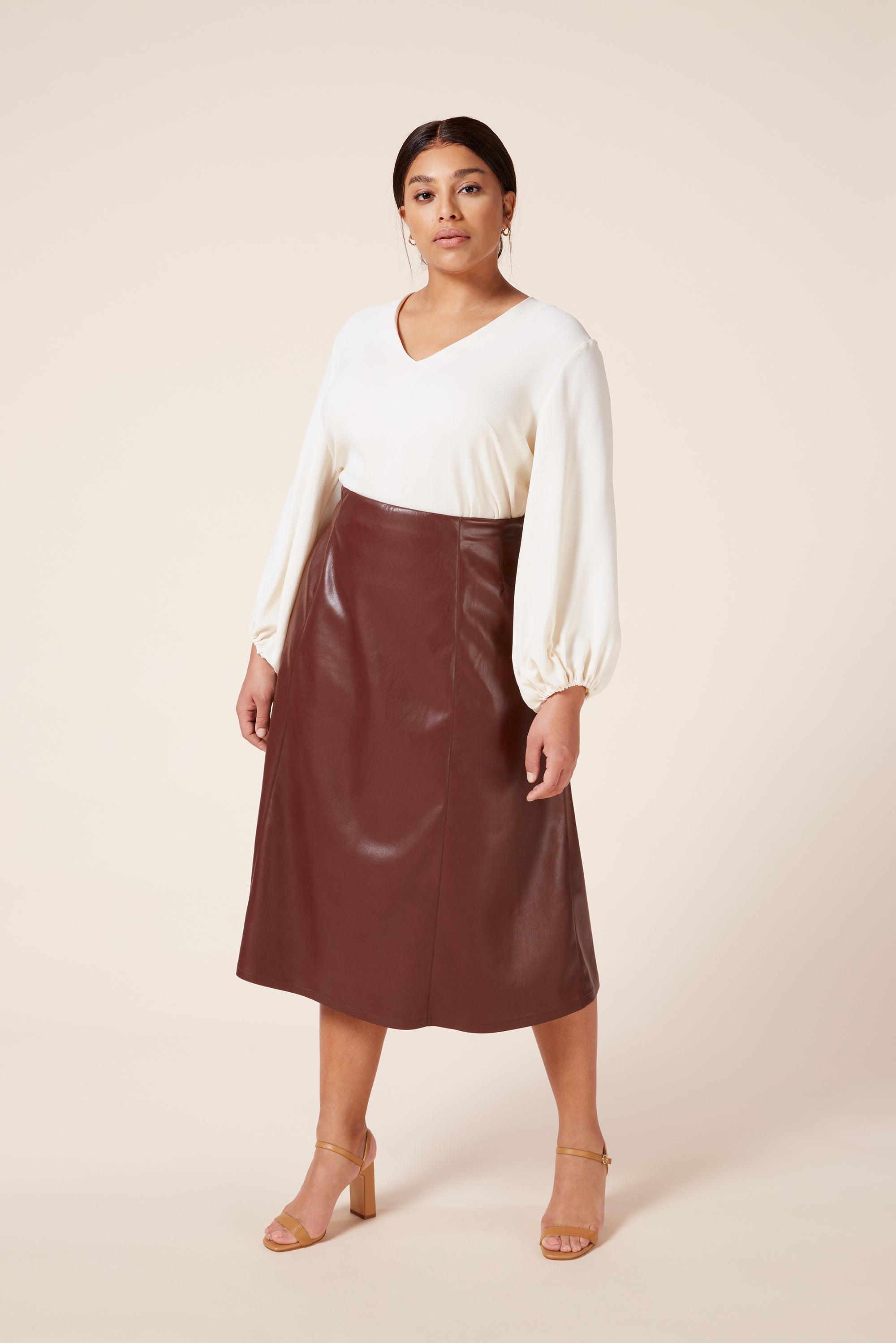 Italian Vegan Leather A-Line Midi Plus Size Skirt with Concealed Side Zip