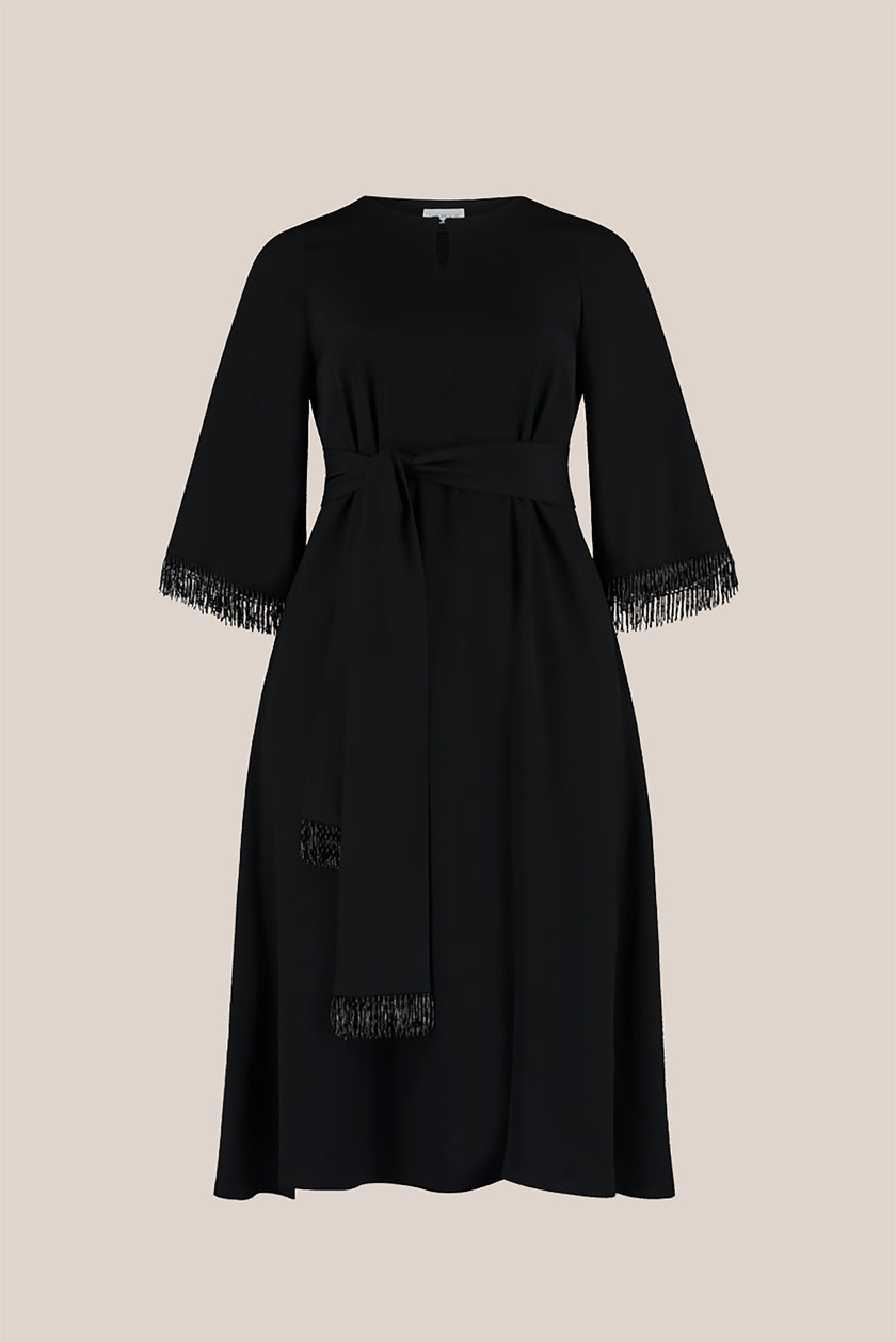 Black Embellished Plus-size Dress  with belt