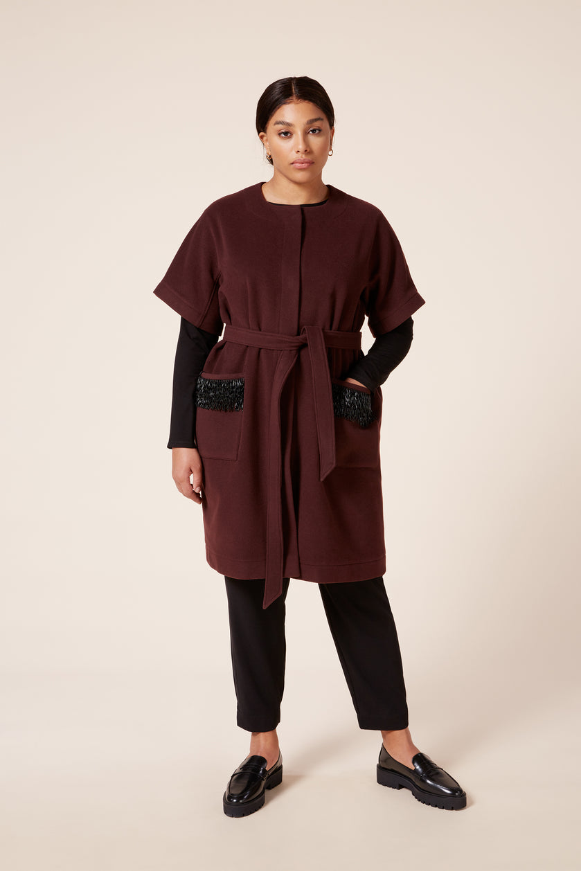 THE-HOUR Burgundy Short-Sleeved Woollen Plus-size Coat with Beaded Embellishments