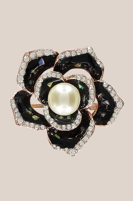 Rose gold-tone metal flower brooch with Enamel, crystals and faux pearl. Pin Fastening Size 3.5cm x 3.5cm