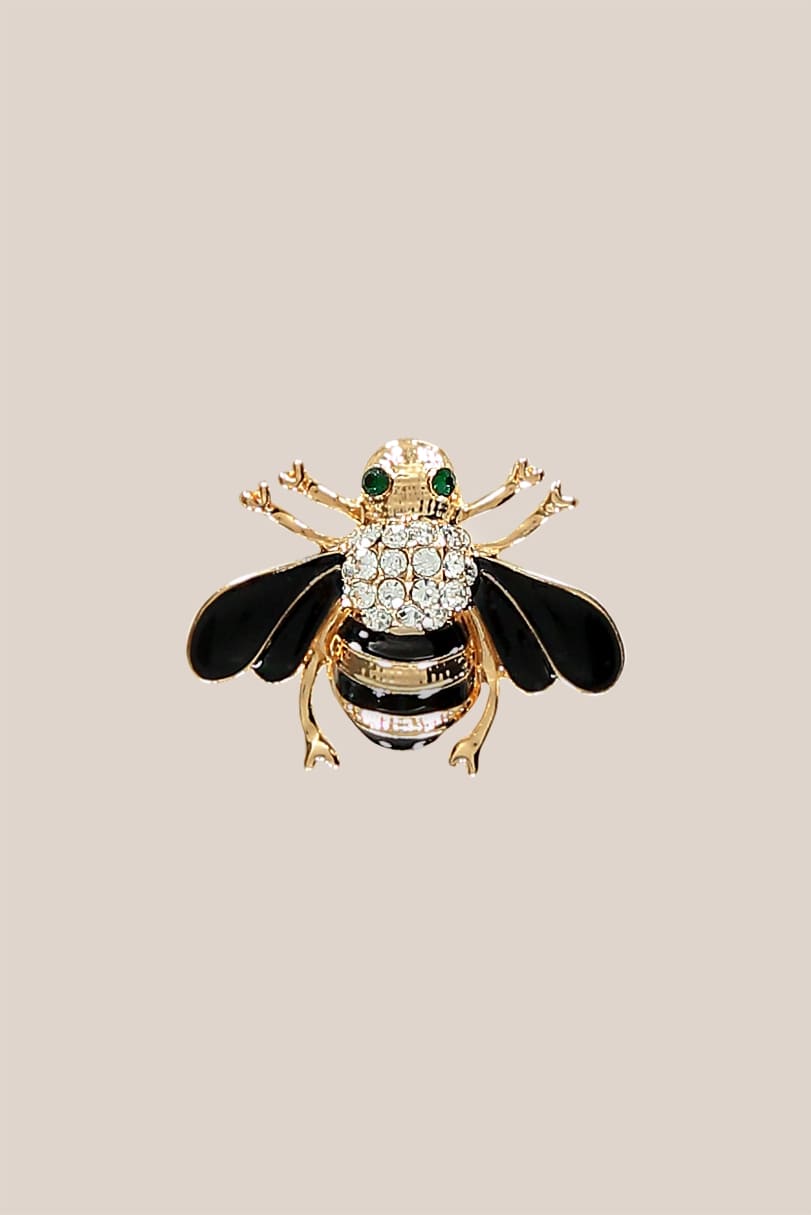 Gold tone, black enamel  and crystals bee brooch with pin fastening